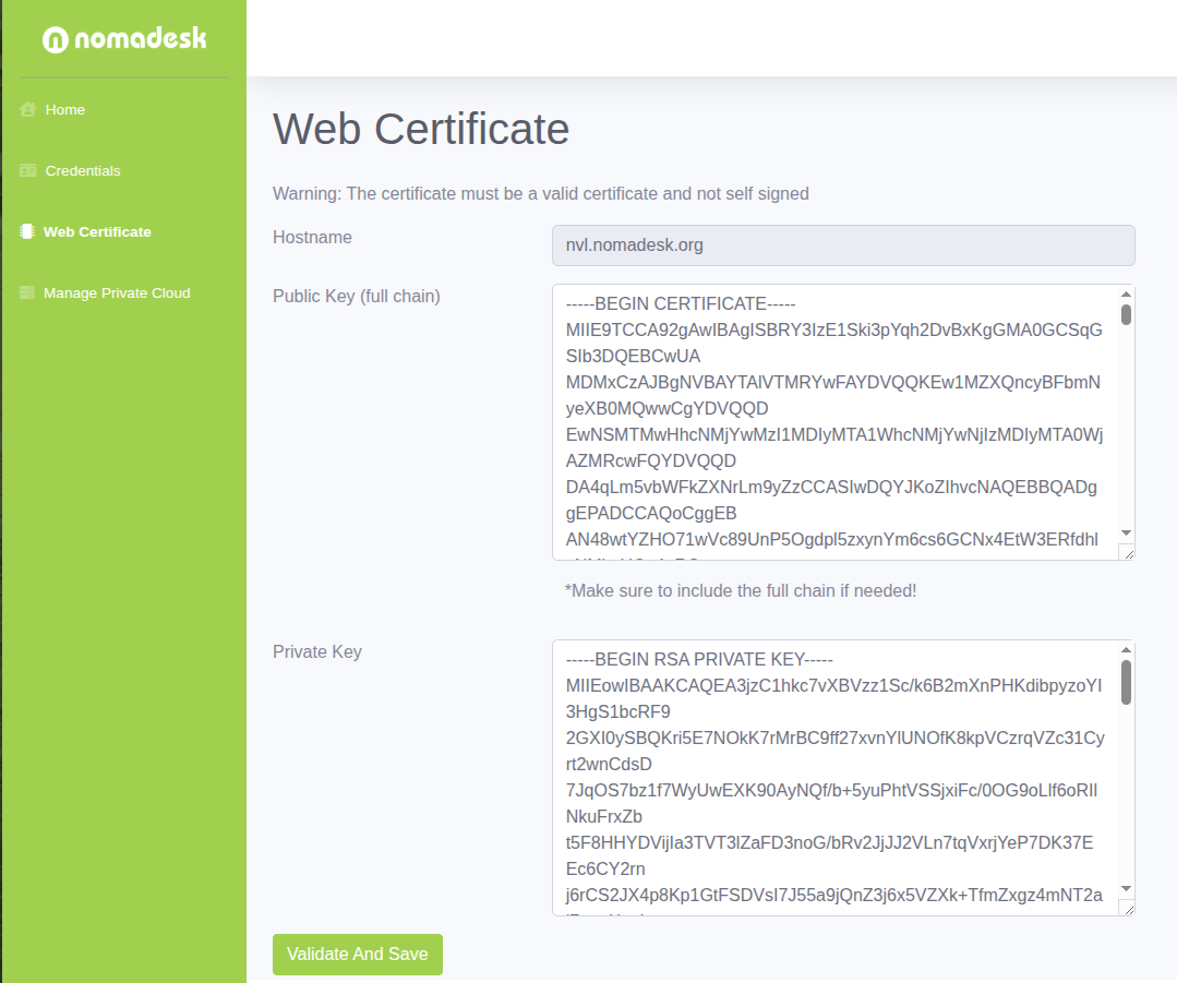 Web certificates page